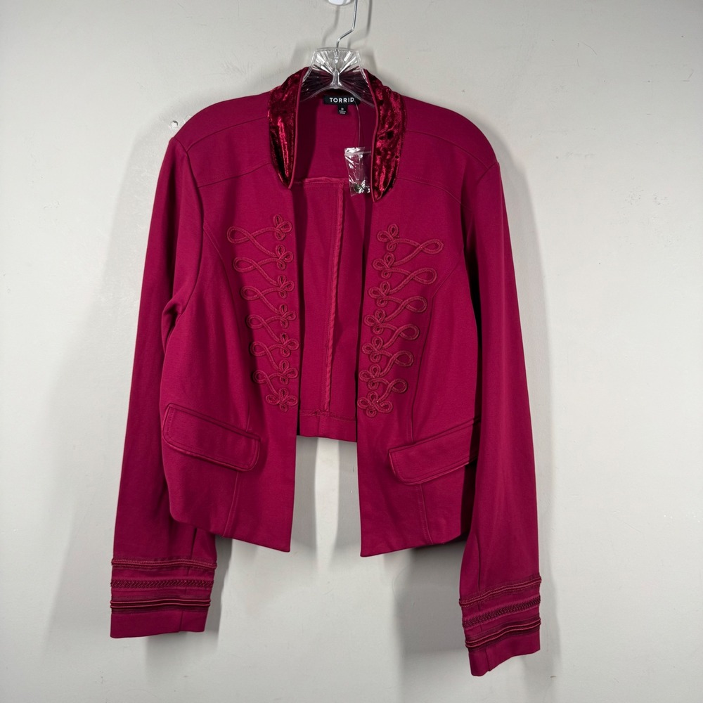 Torrid Magenta Pink Military Crop Jacket Velvet Collar Frogging Plus Size 2 2X